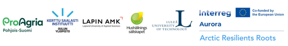 Logos of ProAgria Northern Finland, University of Oulu, Luleå tekniska universitet, Hushållningssällskapet Norrbotten-Västerbotten, Lapland University of Applied Sciences
