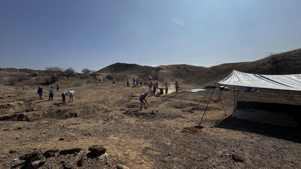 A field where scientists sift soil in a dry desert, a tent in the right side.