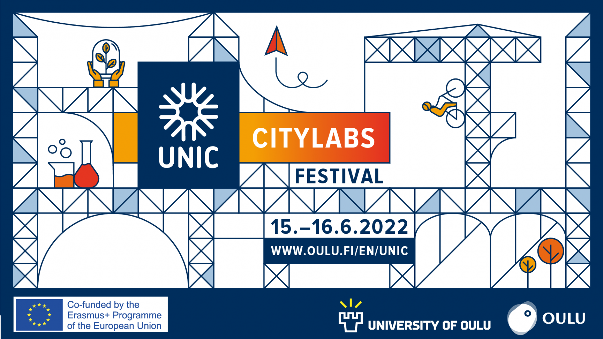 A visual of the the CityLabs festival that looks like a cityscape. In the visual there is the text: UNIC CityLabs festival as well as the dates, the 15th to 16th of June 2022 and the website for the event: www.oulu.fi/en/unic. The picture also shows the logos of The University of Oulu and the city of Oulu. The event is co-funded by the European Union Erasmus+ programme.
