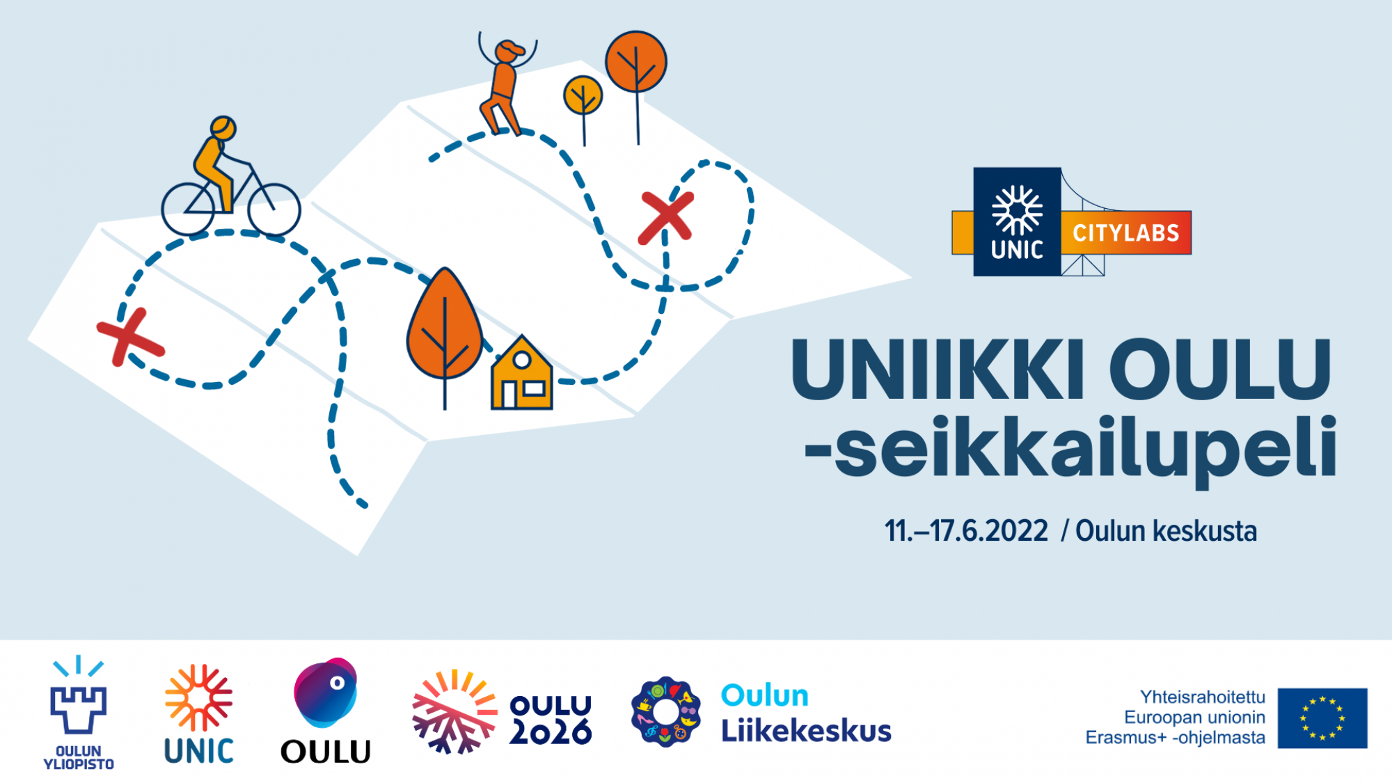 Kuvituskuva, jossa on piirros kartasta. Valkoisella auki levitetyllä kartalla on katkoviivalla piirretty reitti, jonka varrella on pyöräilevä hahmo, kaksi punaista ruksia, oransseja piirroksia lehtipuista, keltainen talo ja kätensä ilmaan nostanut piirroshahmo. Kuvassa on teksti: Uniikki Oulu -seikkailupeli, 11.-17.6.2022 / Oulun keskusta. Yhteistyökumppaneiden, Oulun kaupungin, Oulu2026-hankkeen, Oulun Liikekeskuksen, Oulun yliopiston ja UNICin logot. Yhteisrahoitettu Euroopan Unionin Erasmus+ ohjelmasta.)