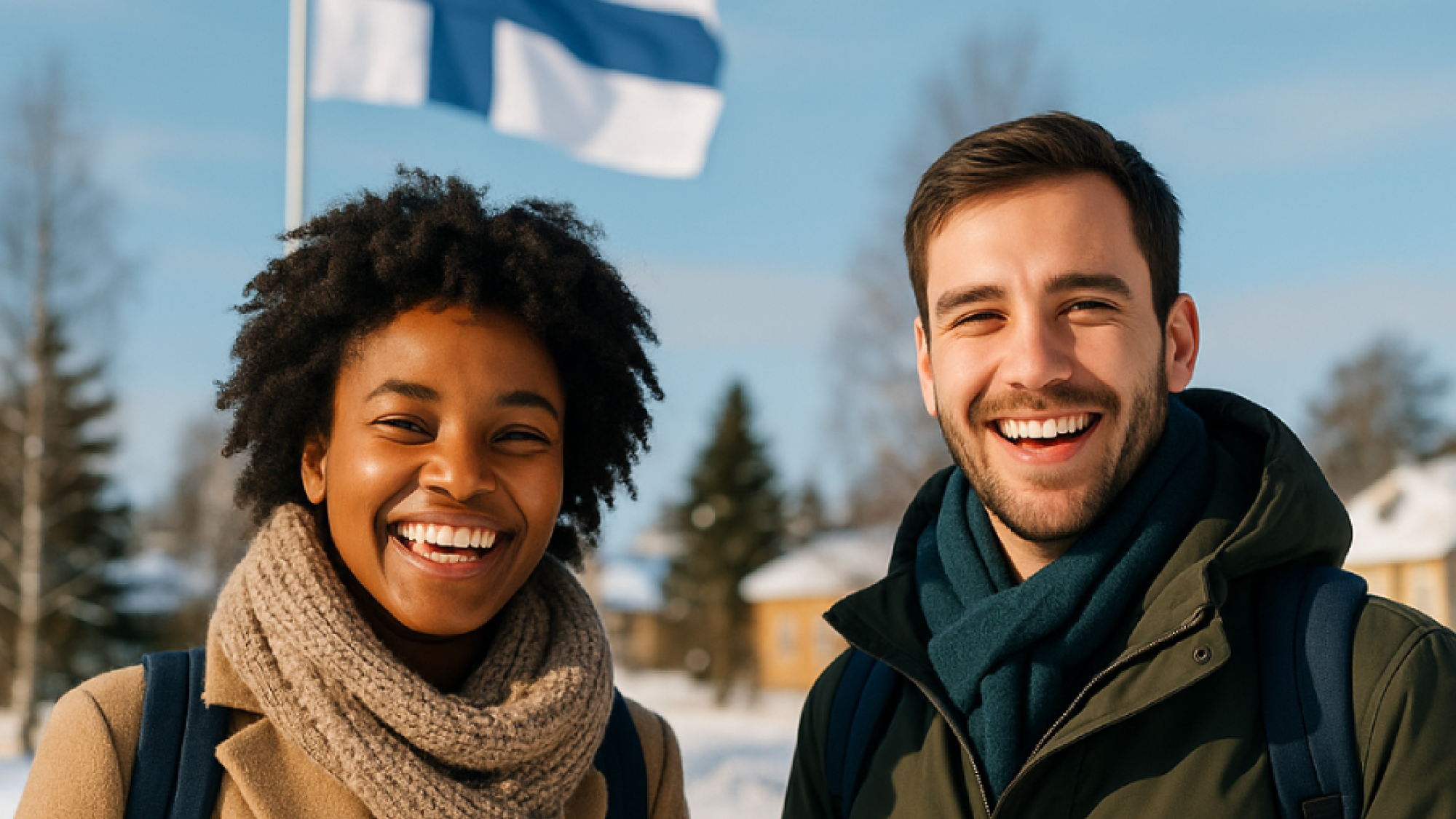 AI-generated image of two people smiling, Finnish flag visible in the background.