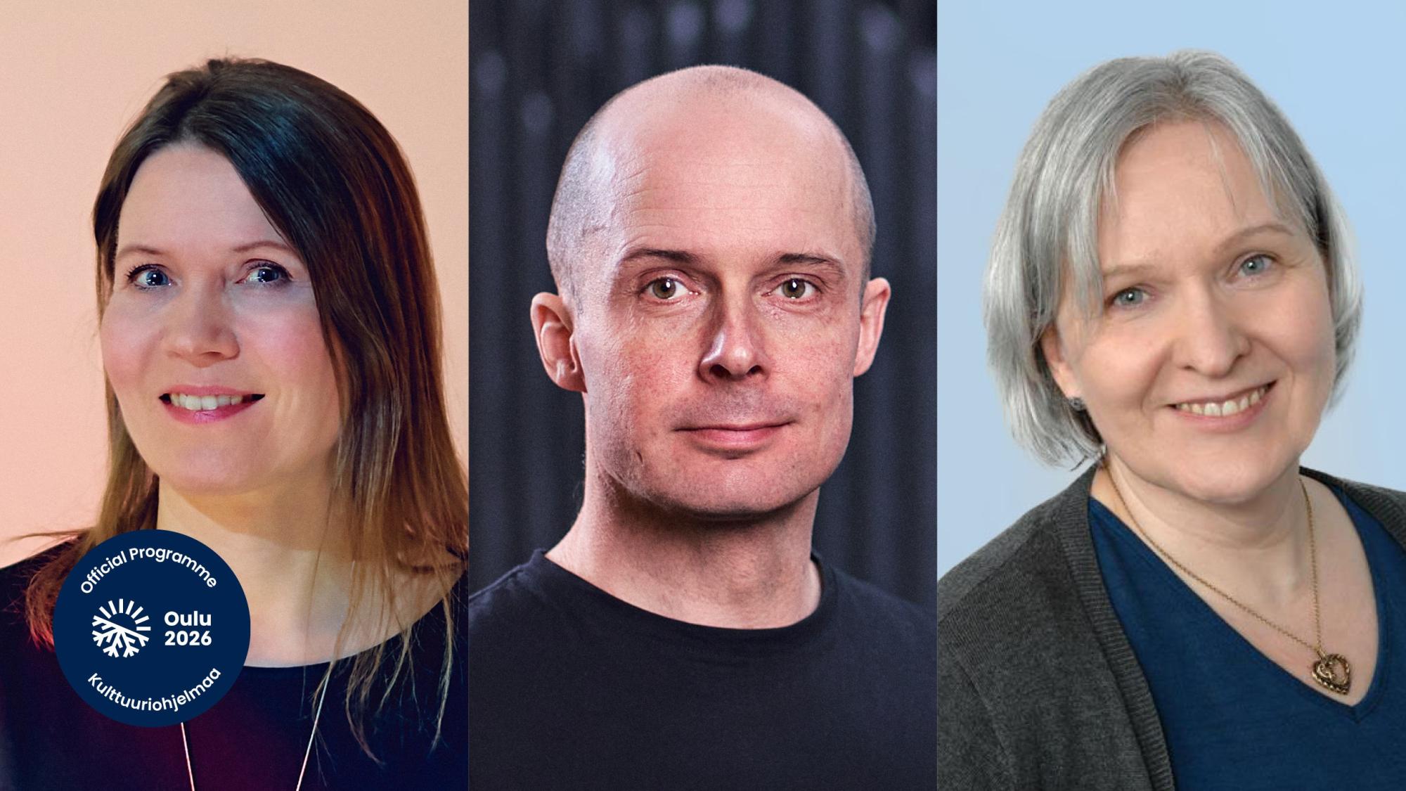 Tieteenpuhujien kuva. Vasemmalta oikealle: Henrika Pihlajaniemi, Tapio Nykänen, Minna Ruddock