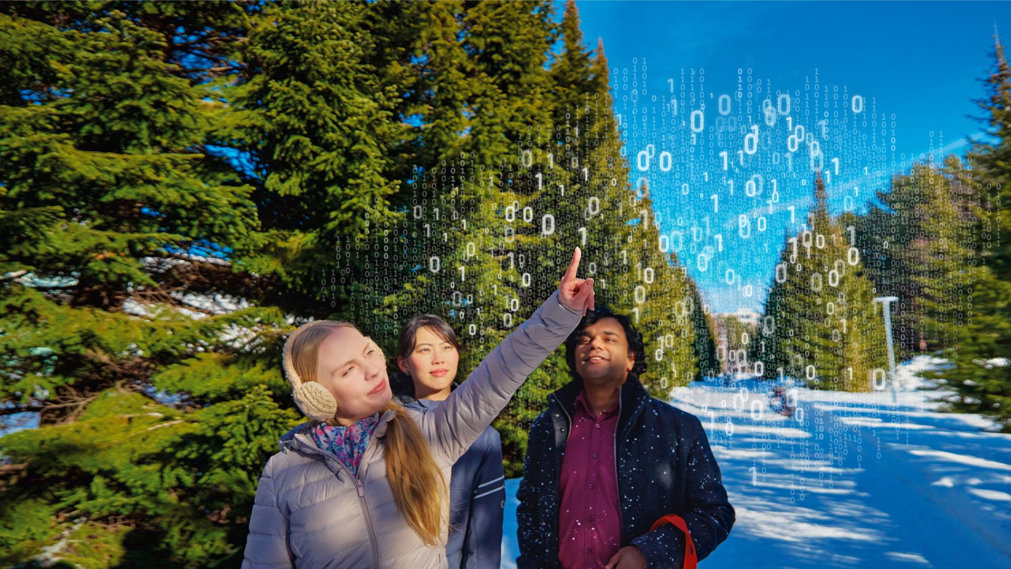 Young female researcher pointing at bit graphics on the winter sky