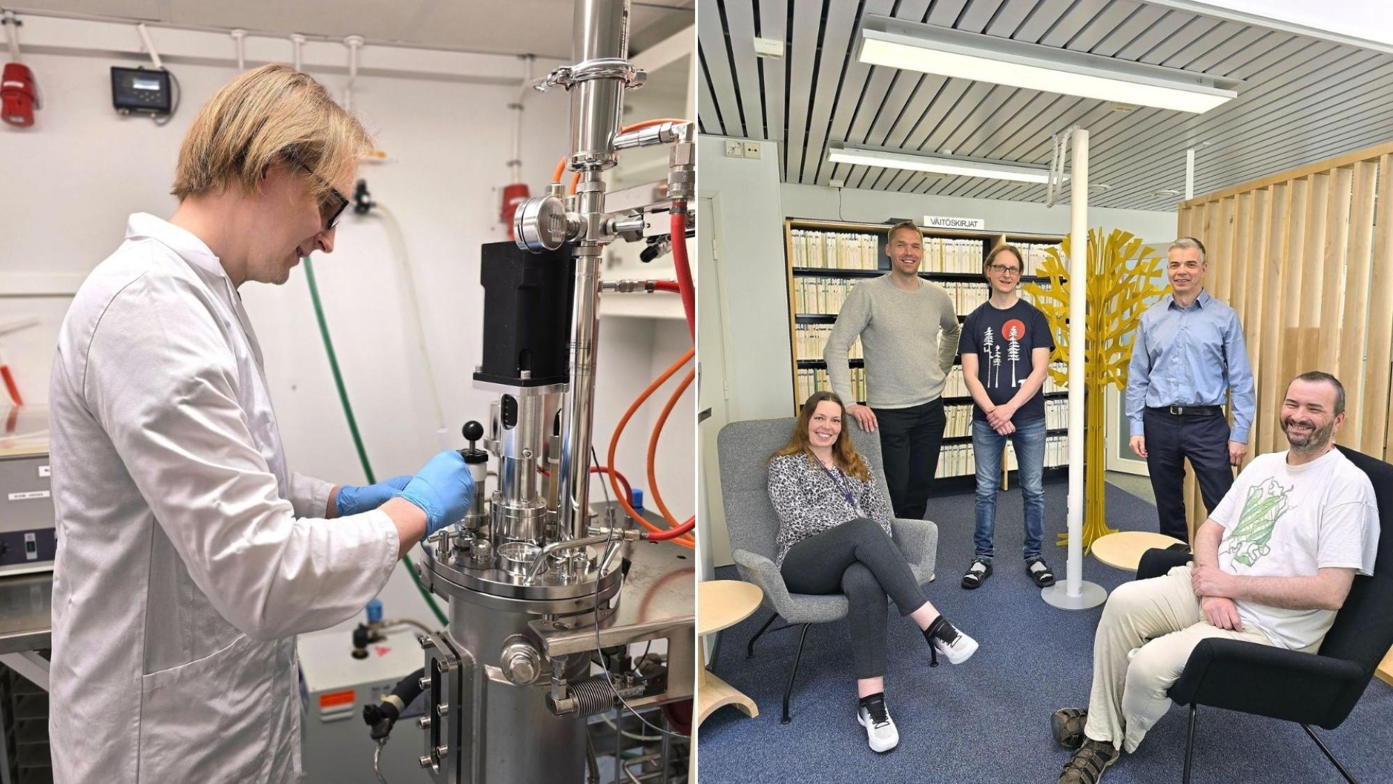 Researcher Antti Moilanen (left picture) has already produced samples of the new sweetener for partners to test. The team also includes Mirva Saaranen (on the left in the image on the right), Sakari Sipola, Petri Leukkunen, and Lloyd Ruddock.