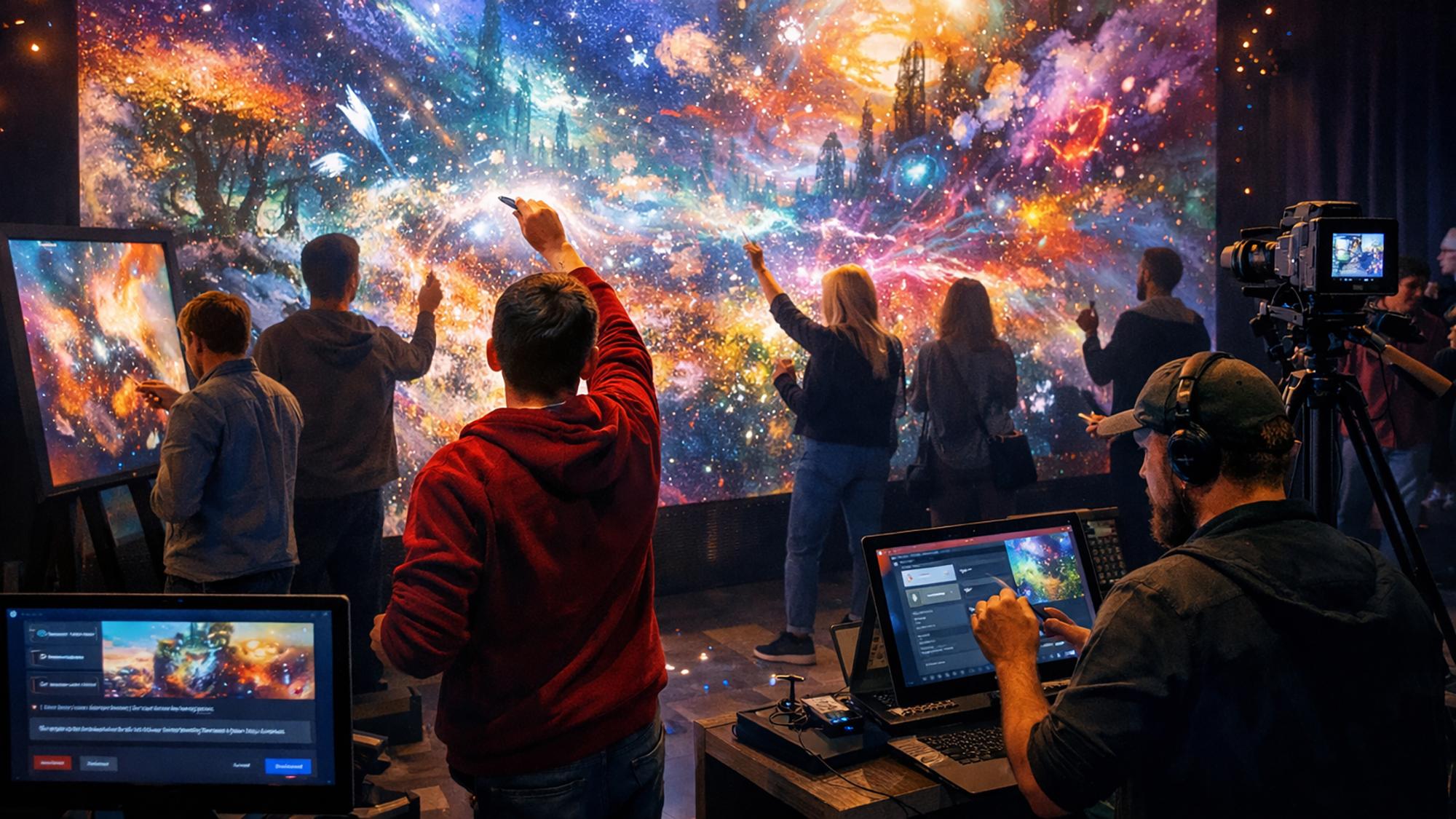 tekoälyllä luotu kuva, jossa ihmiset piirtävä isolle screenille ja etualalla on ihmisiä tietokoneilla