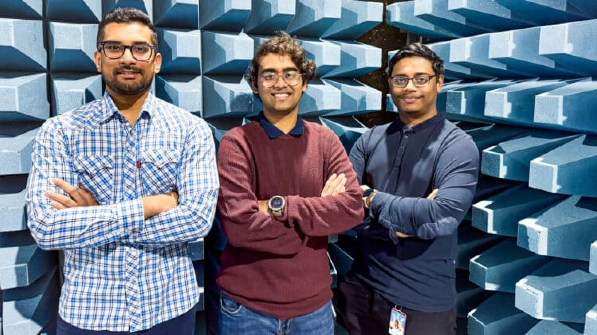 Dimuthu Lesthuruge, a final-year doctoral candidate in communications engineering, and Aprotim Paul and Ahmed Jabir Zuhayr, both first-year master’s students in wireless communications engineering specialising in radio engineering.