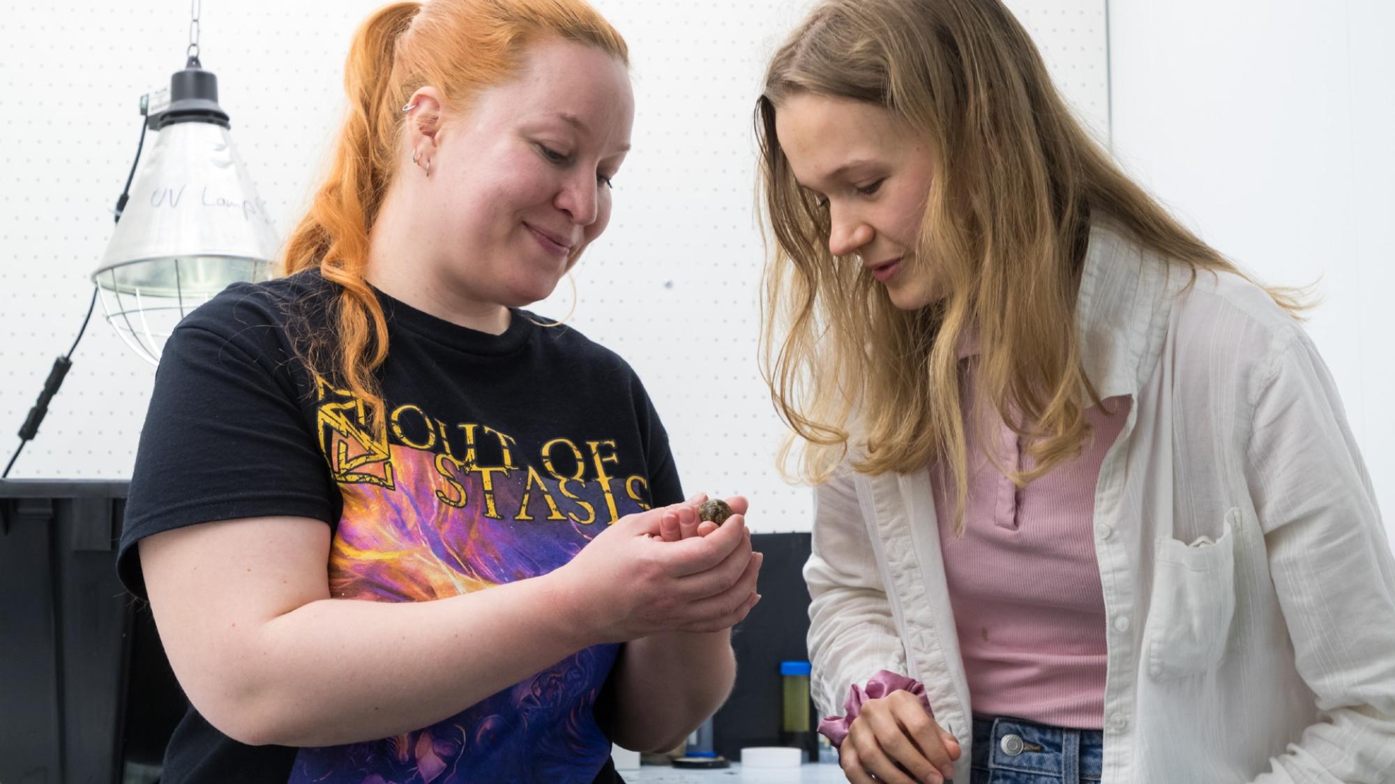 Two persons looking at an egg