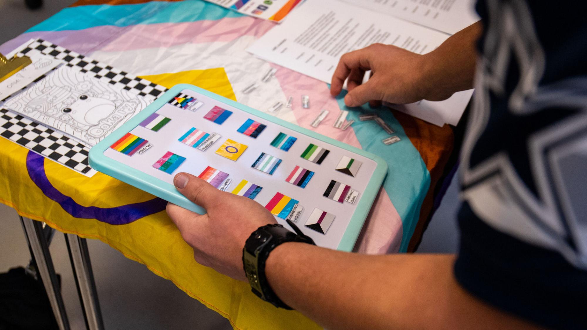 A person holding a board filled with LGBTQ+ themed flags