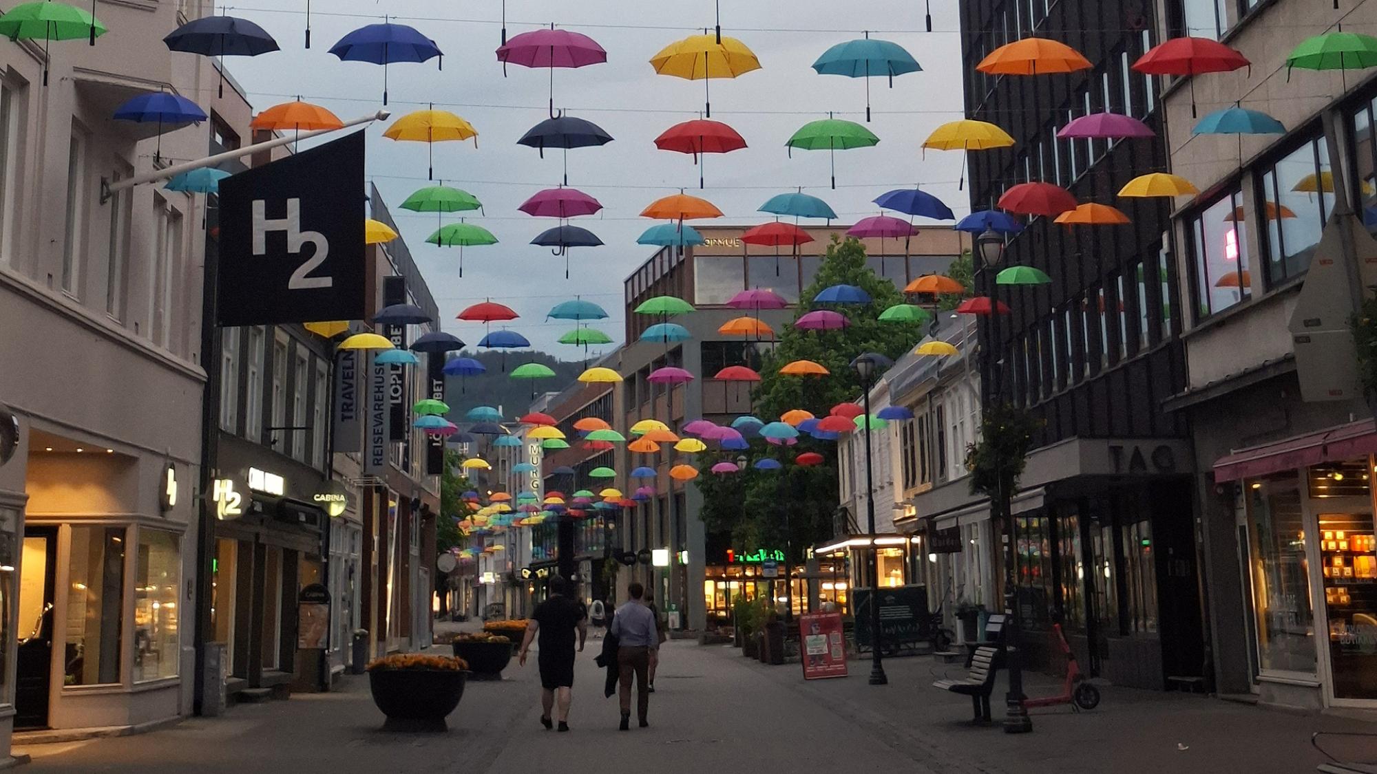 a pedestrian street lined with colourful umbrellas