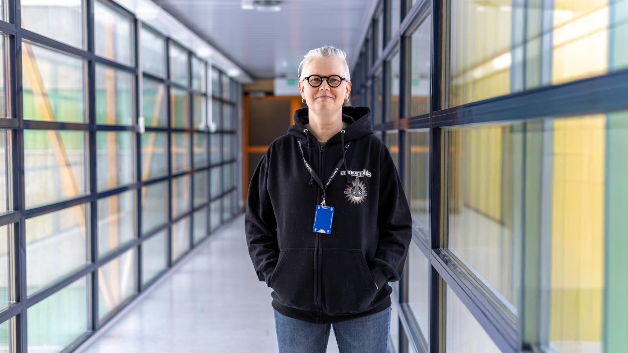 Heli Maijanen in a black hoodie.