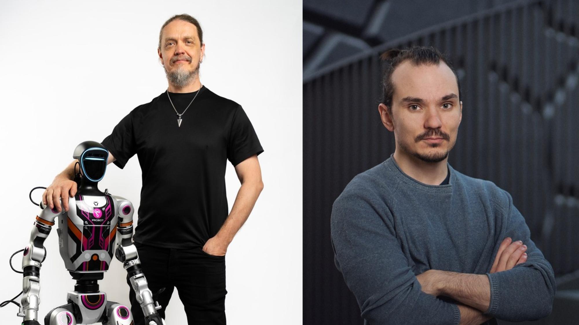 Portrait of Antti Tikanmäki with humanoid robot and portrait of Eetu Laukka