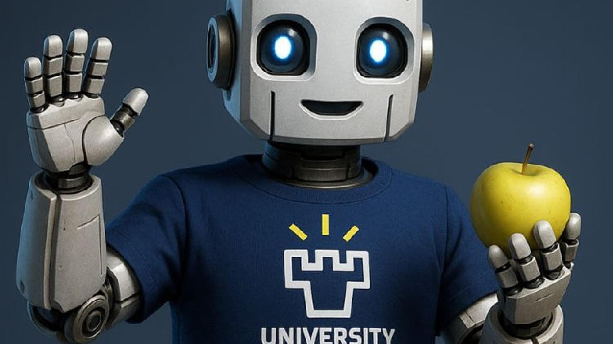 graphics of a humanoid robot weaving one hand, keeping a yellow apple in the other hand, and wearing a University of Oulu shirt with Humanoid Robot Lab text