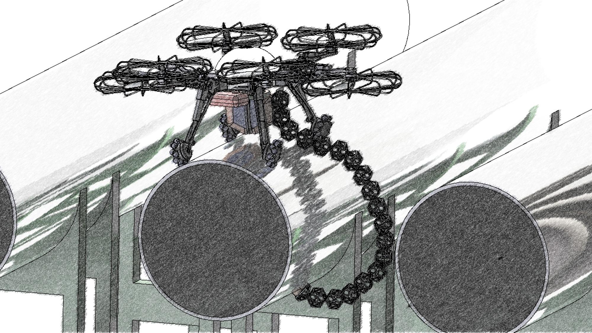 Rendering of a drone standing on a pipe and performing measurements with its hyperredundant inspection manipulator. Image: Luca Buonocore.