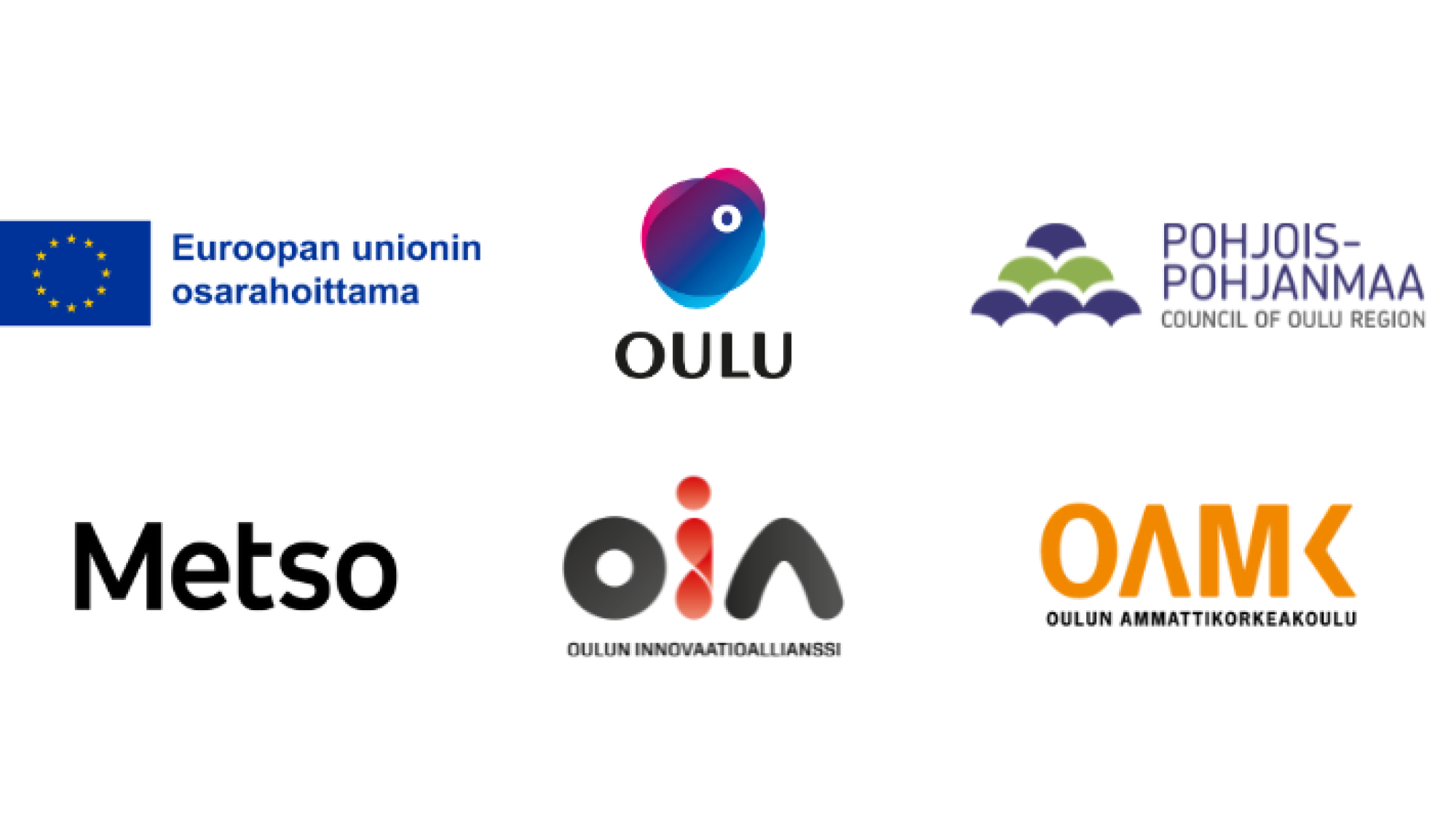 Kuvassa rahoittajien logot: EU:n osarahoittama, Oulun kaupunki, Pohjois-Pohjanmaan liitto, Metso, Oulun Innovaatioallianssi ja OAMK.