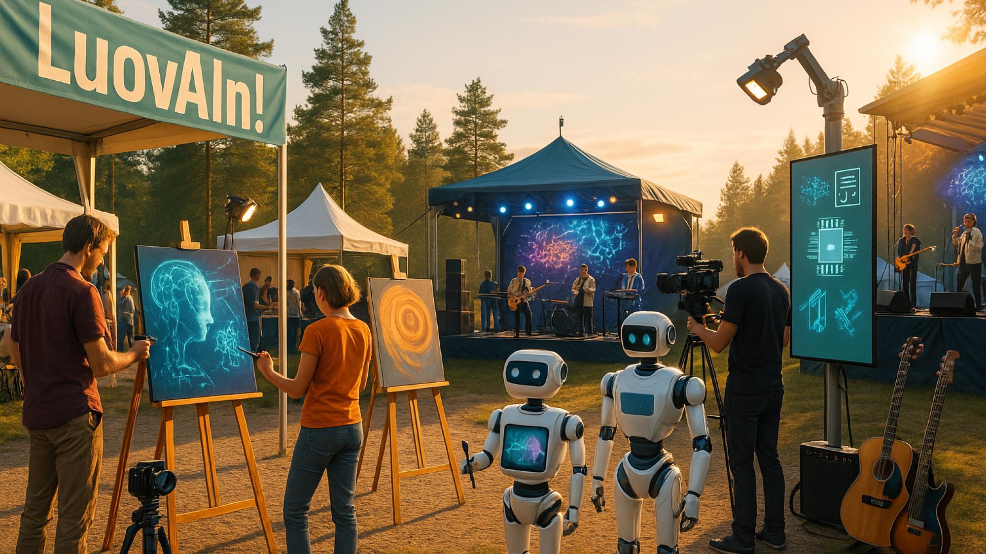 tekoälyllä luotu kuva tapahtuma-alueesta, jossa on taiteilijoita, muusikkoja, kuvaajia ja robotteja