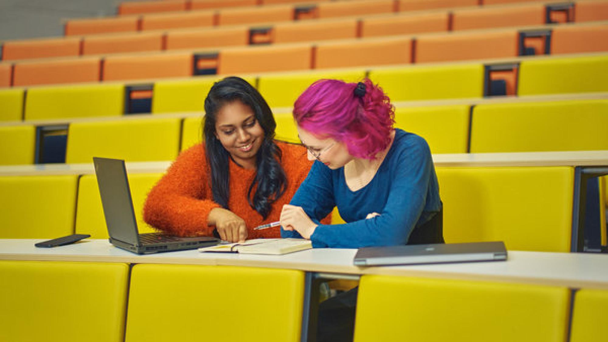 Kaksi opiskelijaa opiskelee yhdessä