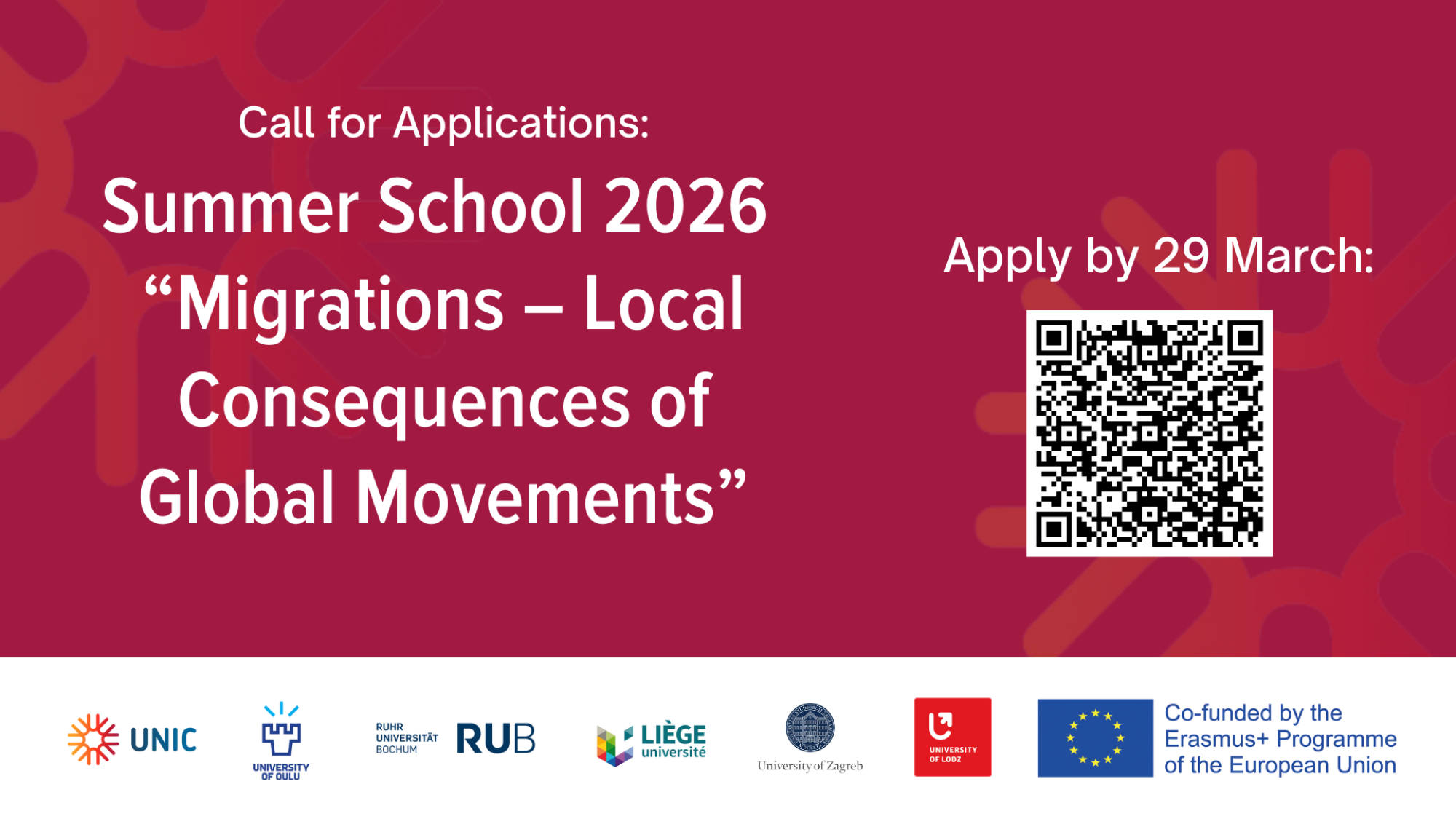 Call for applications: Summer School 2026 and QR code leading to the application site.