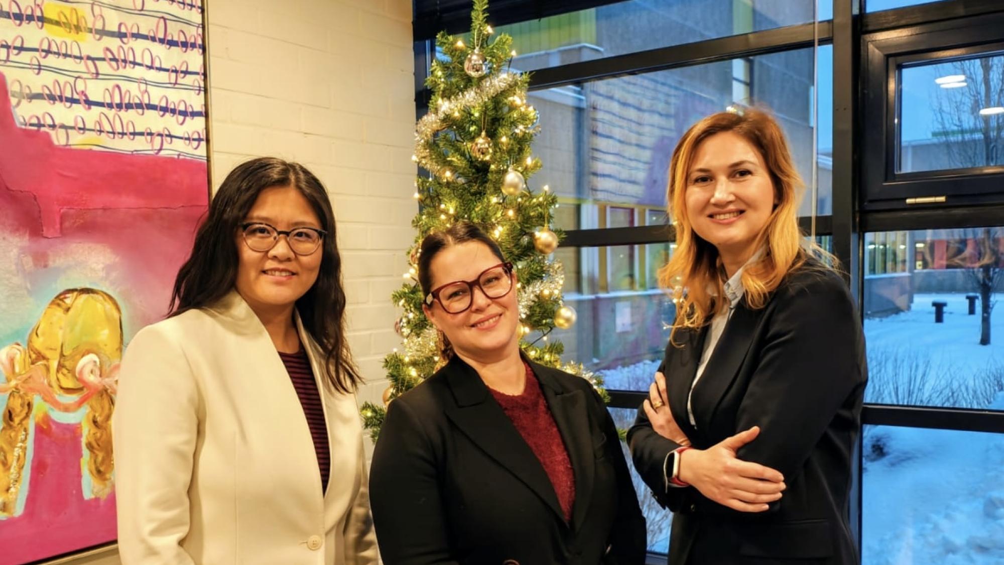 GEOPROS project group pictured: Postdoctoral Researcher Fan Wang, Docent Marika Iivari, and Postdoctoral Researcher Oxana Gisca.