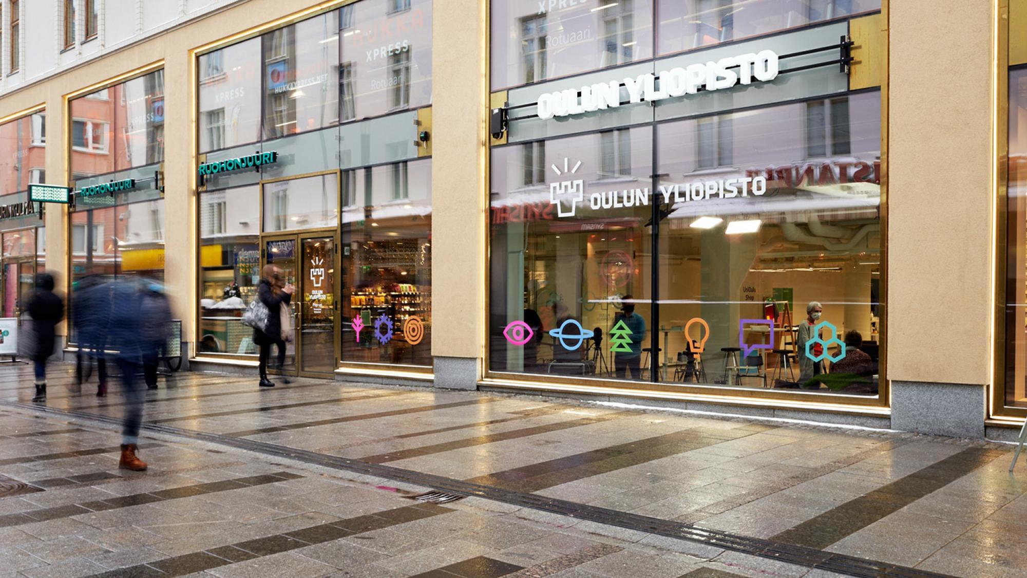 Oulun yliopiston pop-up-tila osoitteessa Kauppurienkatu 12, Oulu on avoinna helmi-huhtikuussa 2021.