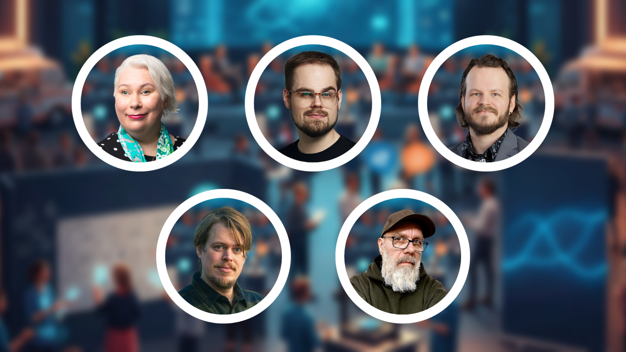 Ylärivissä vasemmalta Satu Miettinen, Julius Oförsagd ja Ville Kemppainen, alarivissä vasemmalta Markus Sjöberg ja John Collingswood