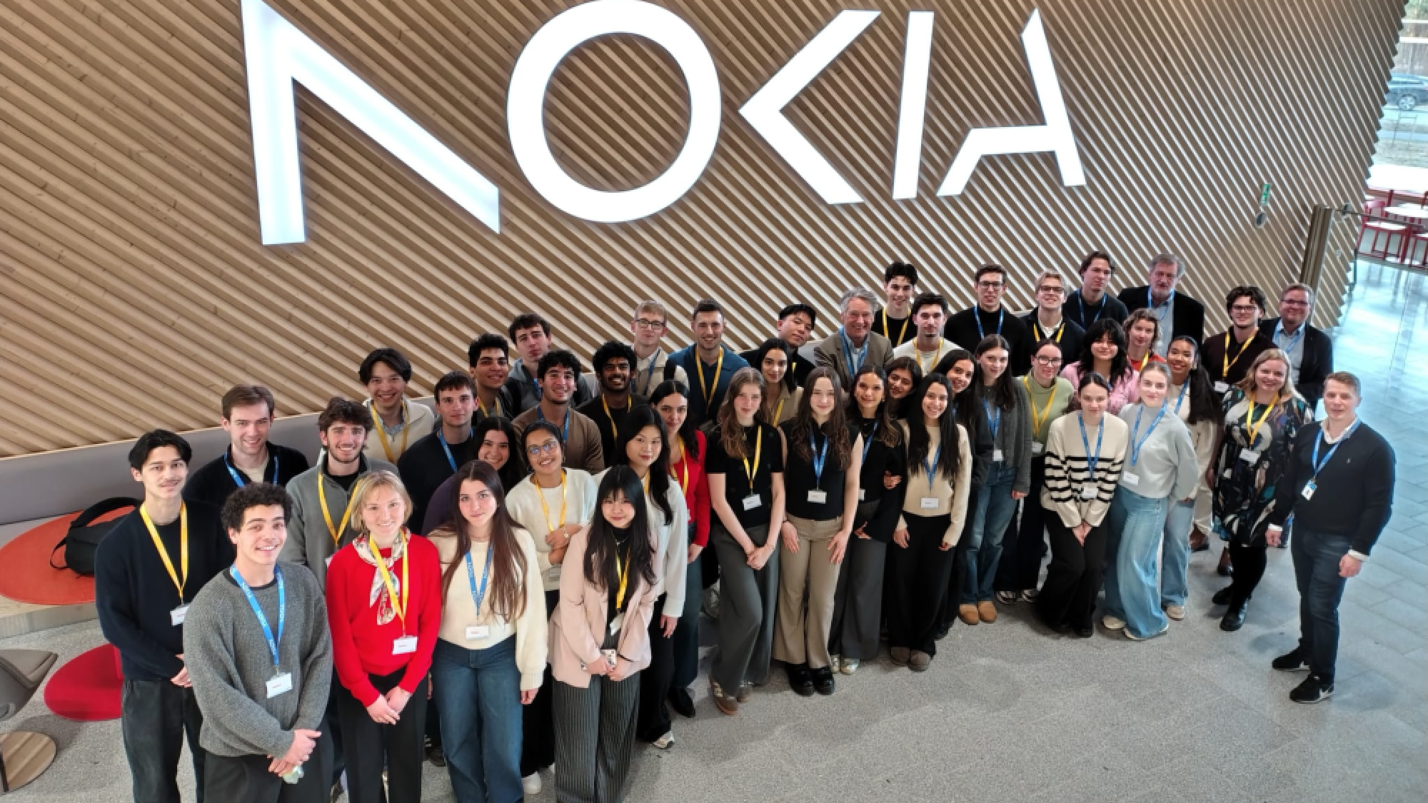 Students pictured at the Nokia headquarters in Oulu.