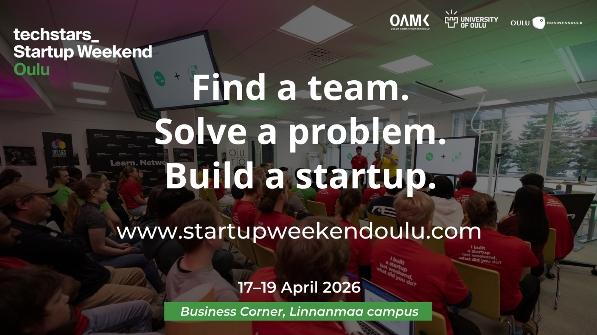 Startup Weekend. Find a team. Solve a problem. Build a startup. 17.-19.4.2026.
