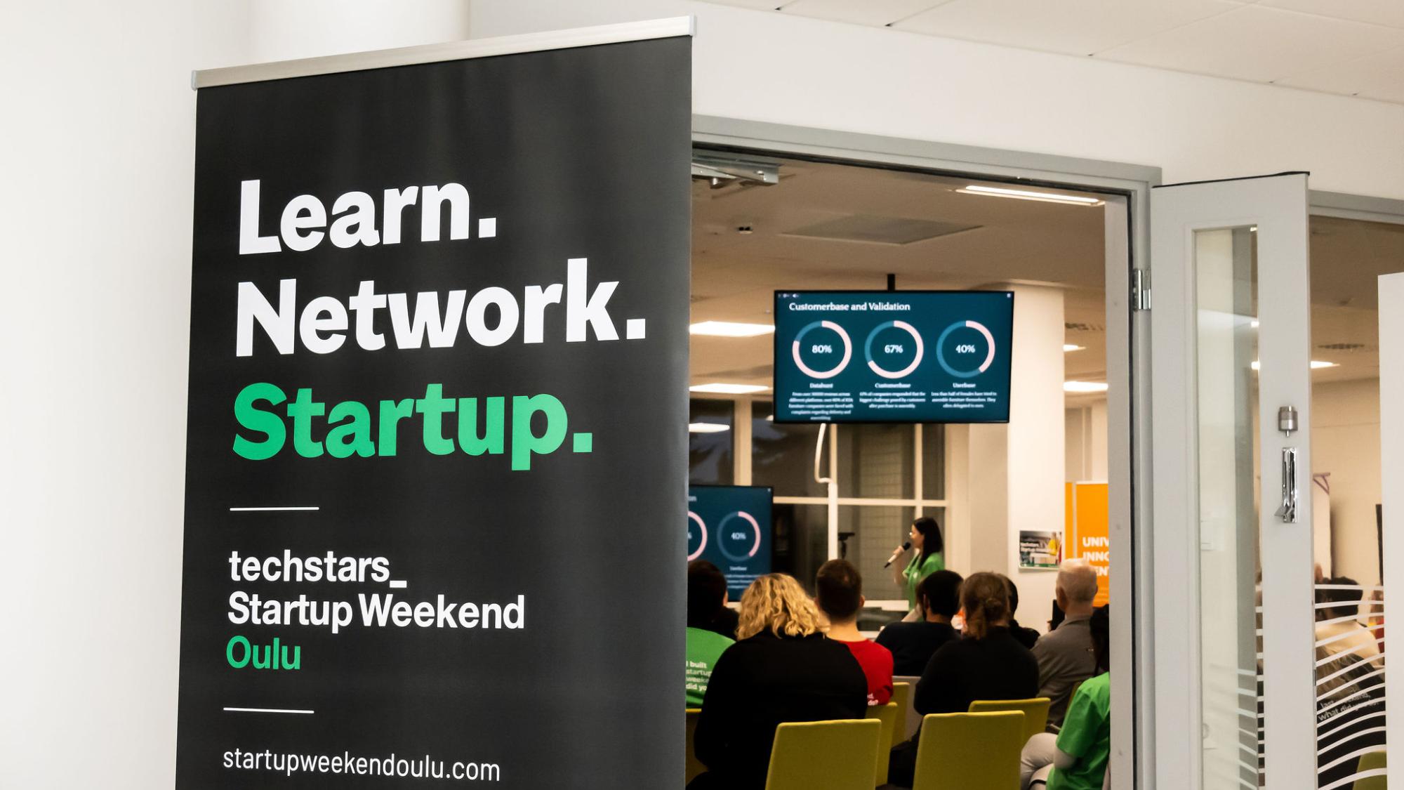 Startup Weekend roll-up and a team pitching about customer base and validation.