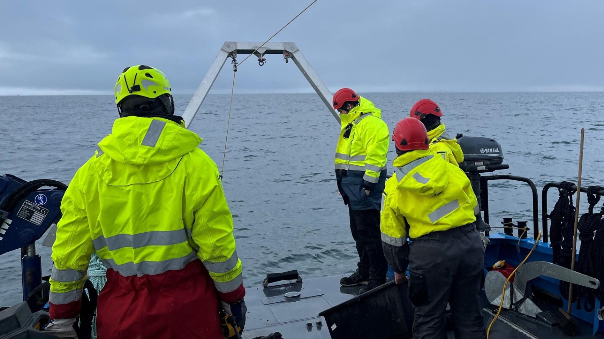 People in high visibity clothing on a boat at Arctic Sea doing a research