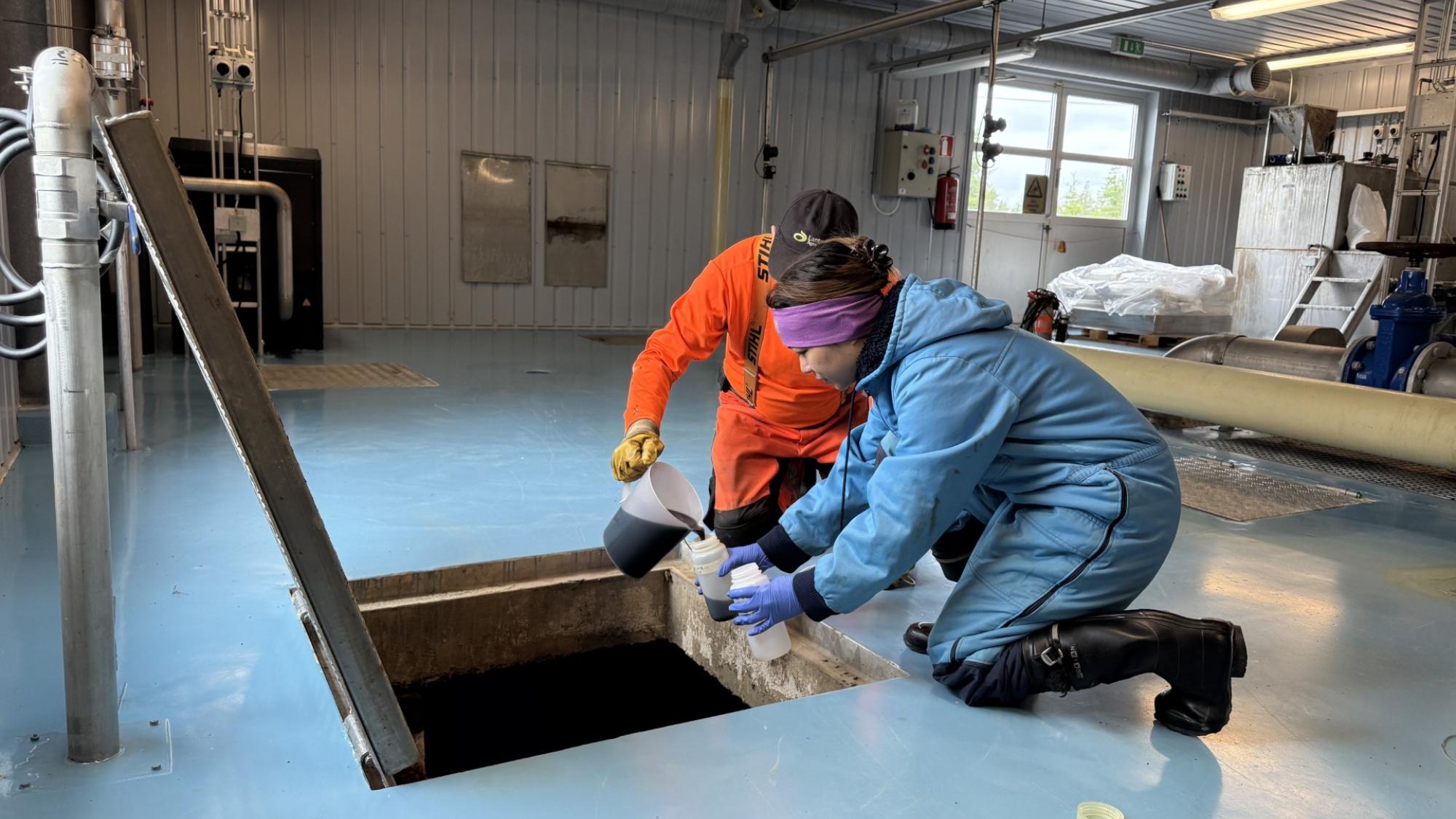 Postdoctoral researcher Jacqueline Malazarte and maintenance person Eero Vähä collecting wastewater samples at wastewater Treatment Plant.