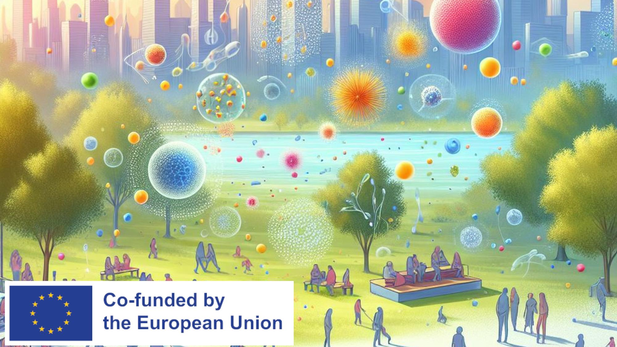Co-pilot image of nanoparticles in a park with co-funded by Europen Union logo in th lower left corner