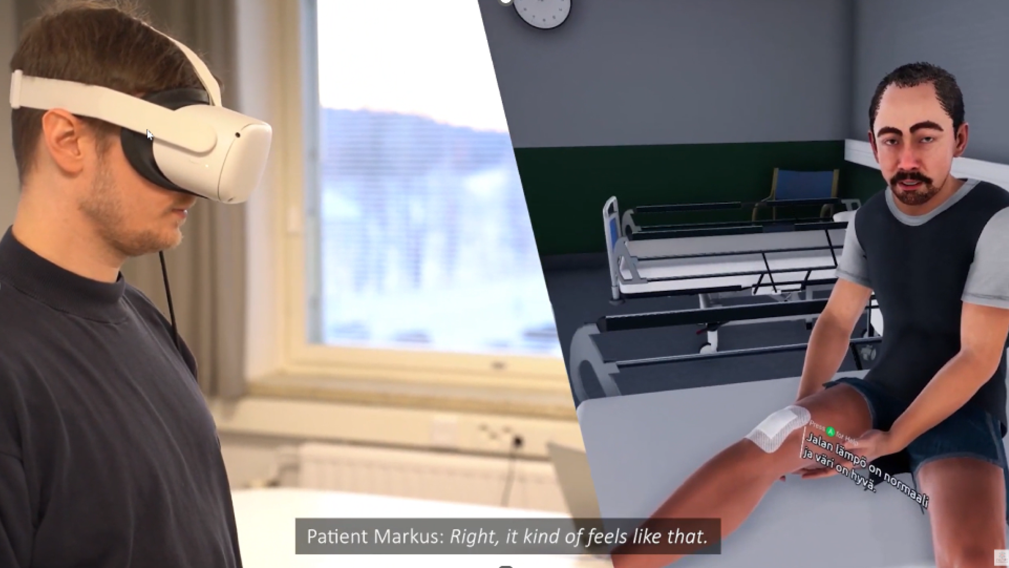 Opiskelija harjoittelee hoitotilannetta jalkavamman saaneen virtuaalipotilaan kanssa. 